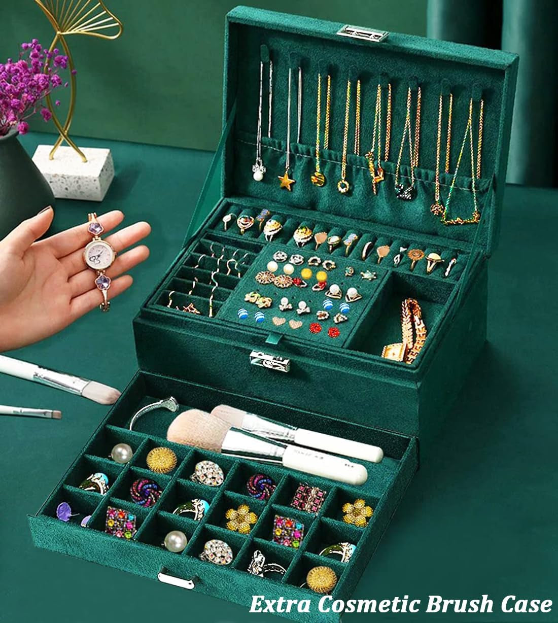 Green Velvet Jewelry Organizer Box
