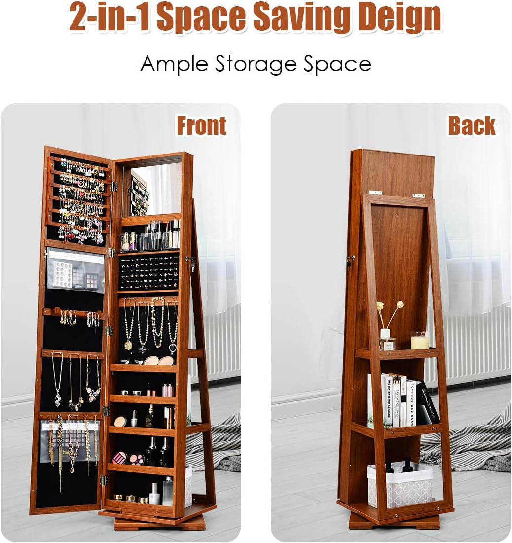 360° Swivel Jewelry Armoire with Full-Length Mirror, Lockable Jewelry Cabinet Organizer with Ample Storage, Integrated Makeup Mirror, and Rear Storage Shelves (Walnut Finish)