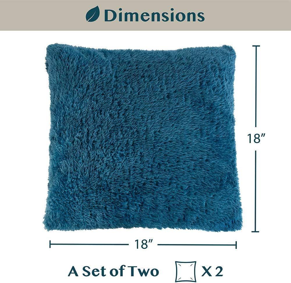 Teal Blue Fluffy Throw Pillow Covers - Set of 2 Soft Faux Fur Decorative Accent Pillow Cases for Bed, Sofa, and Couch, 18x18 Square Sherpa Cushion Covers for Home Decor