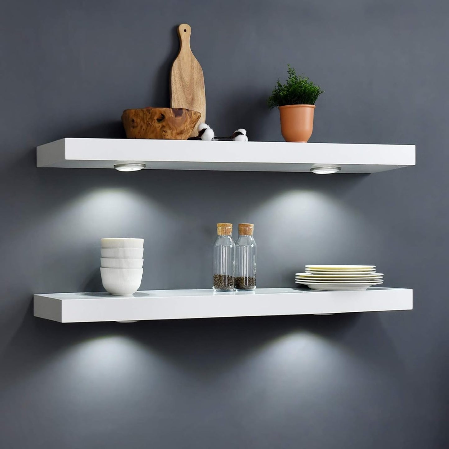48-Inch White Floating Shelf with Touch-Sensing Battery-Powered LED Light