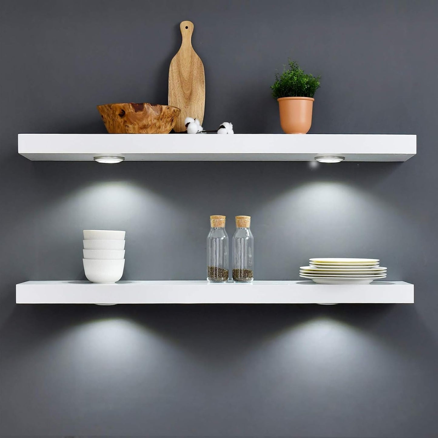48-Inch White Floating Shelf with Touch-Sensing Battery-Powered LED Light