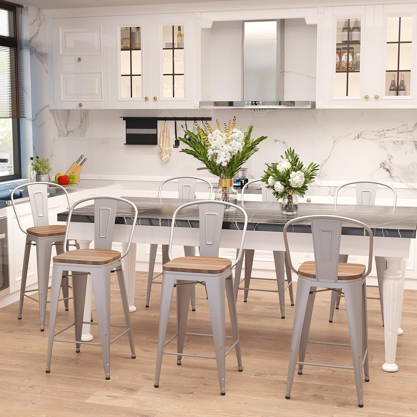 Set of 4 Metal Bar Stools, 24-Inch Counter Height with Backs, Farmhouse Design, Larger Seat High Back Kitchen Dining Chairs, Modern Silver Bar Chairs