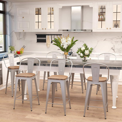 Set of 4 Metal Bar Stools, 24-Inch Counter Height with Backs, Farmhouse Design, Larger Seat High Back Kitchen Dining Chairs, Modern Silver Bar Chairs