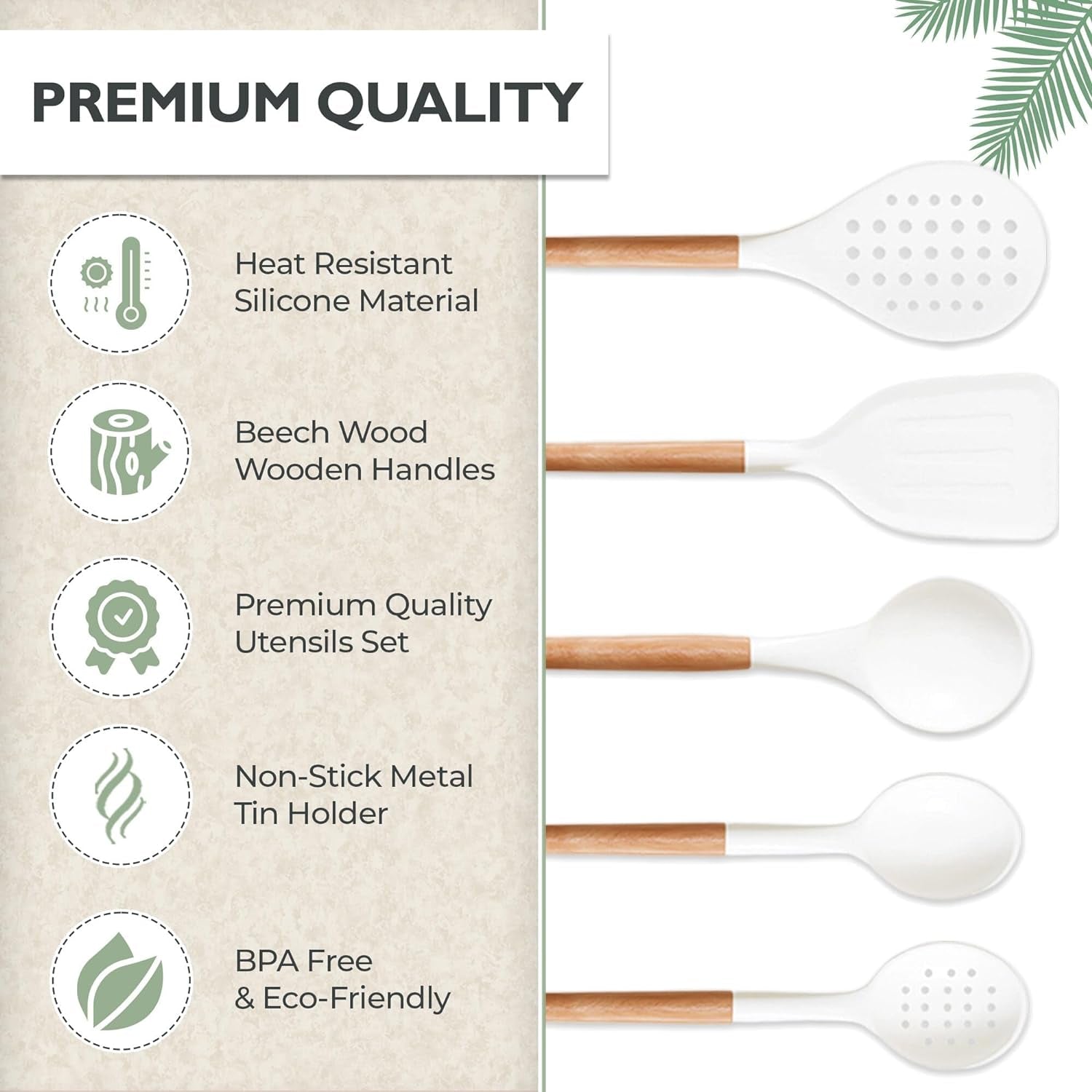 White Silicone Cooking Utensils Set - 11 Pcs Nonstick Kitchen Utensils Set with Holder - Heat-Resistant, BPA Free Spatula Set with Heat Resistant Wood Handles for Nonstick Cookware
