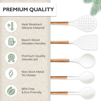 White Silicone Cooking Utensils Set - 11 Pcs Nonstick Kitchen Utensils Set with Holder - Heat-Resistant, BPA Free Spatula Set with Heat Resistant Wood Handles for Nonstick Cookware