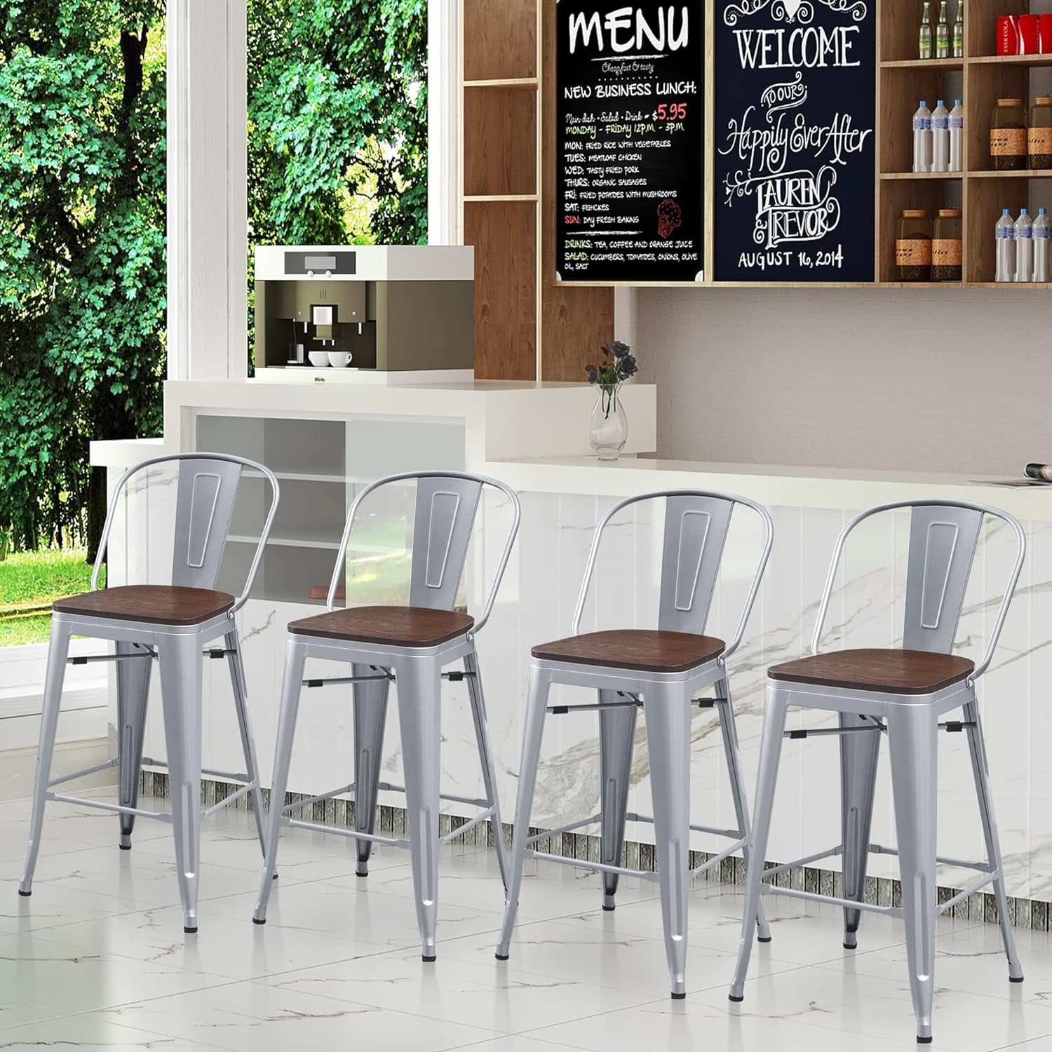 Set of 4 Metal Bar Stools, 24-Inch Counter Height with Backs, Farmhouse Design, Larger Seat High Back Kitchen Dining Chairs, Modern Silver Bar Chairs