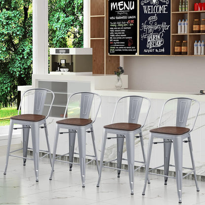 Set of 4 Metal Bar Stools, 24-Inch Counter Height with Backs, Farmhouse Design, Larger Seat High Back Kitchen Dining Chairs, Modern Silver Bar Chairs