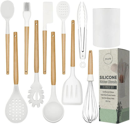 White Silicone Cooking Utensils Set - 11 Pcs Nonstick Kitchen Utensils Set with Holder - Heat-Resistant, BPA Free Spatula Set with Heat Resistant Wood Handles for Nonstick Cookware