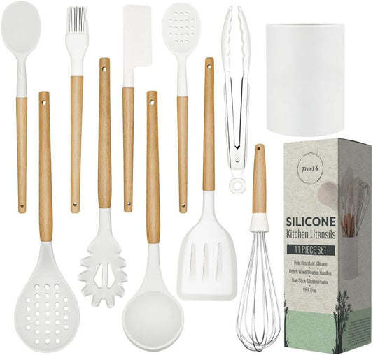 White Silicone Cooking Utensils Set - 11 Pcs Nonstick Kitchen Utensils Set with Holder - Heat-Resistant, BPA Free Spatula Set with Heat Resistant Wood Handles for Nonstick Cookware