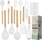 White Silicone Cooking Utensils Set - 11 Pcs Nonstick Kitchen Utensils Set with Holder - Heat-Resistant, BPA Free Spatula Set with Heat Resistant Wood Handles for Nonstick Cookware
