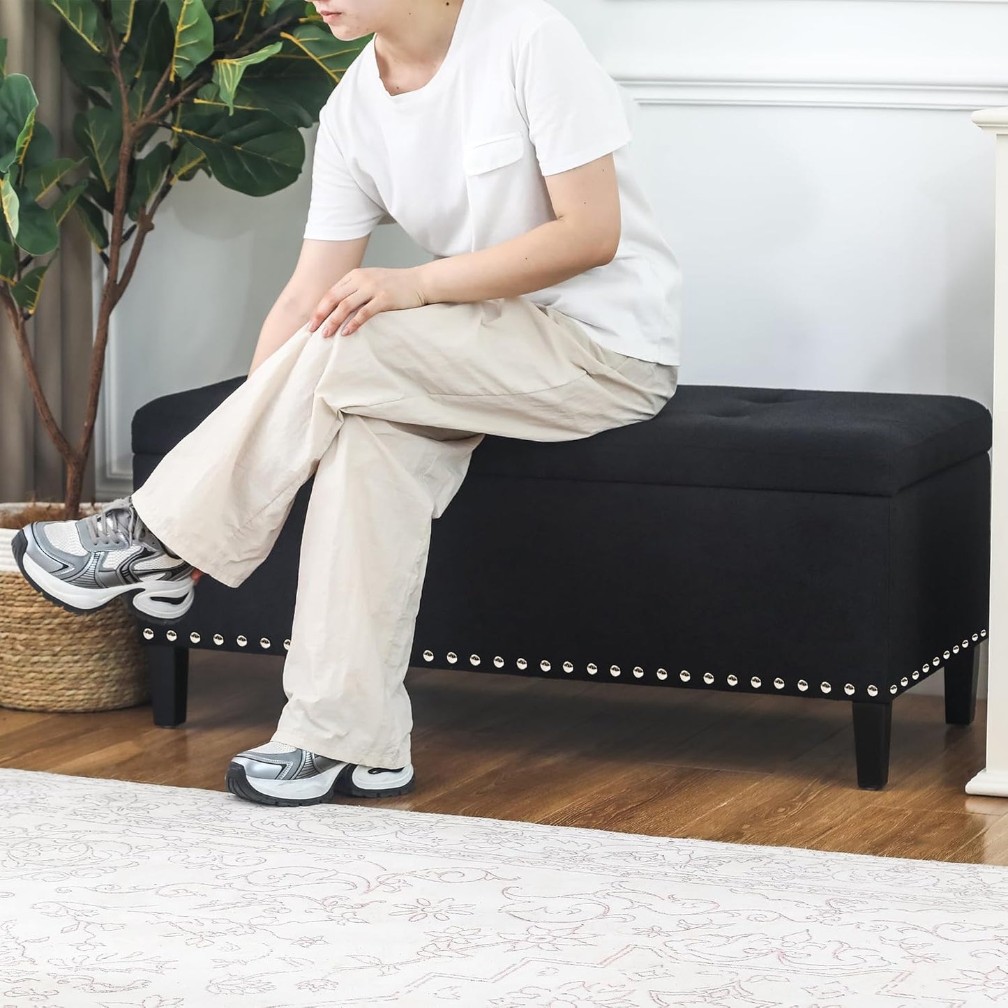 41-Inch Rectangular Tufted Storage Ottoman Bench in Black Cotton Linen for Bedroom or End of Bed Use