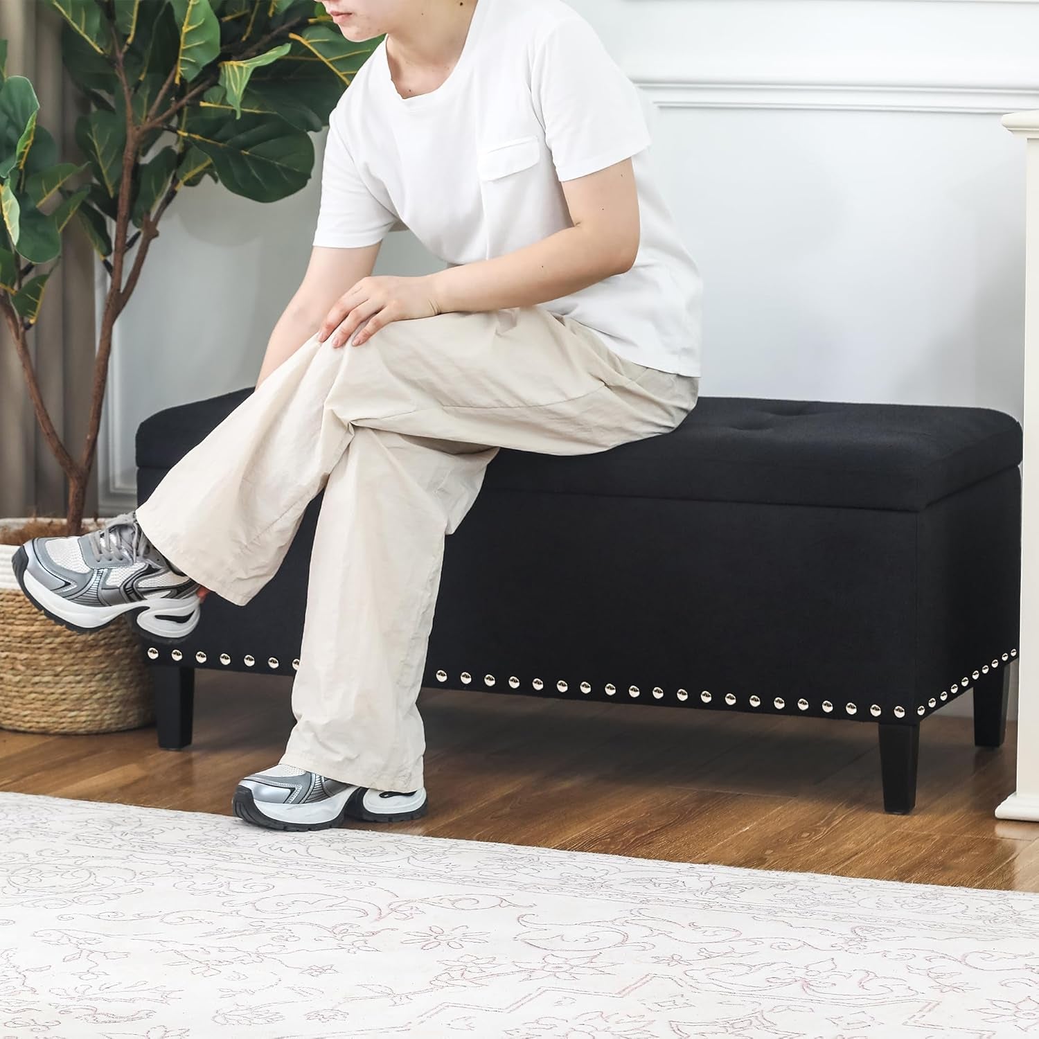 41-Inch Rectangular Tufted Storage Ottoman Bench in Black Cotton Linen for Bedroom or End of Bed Use