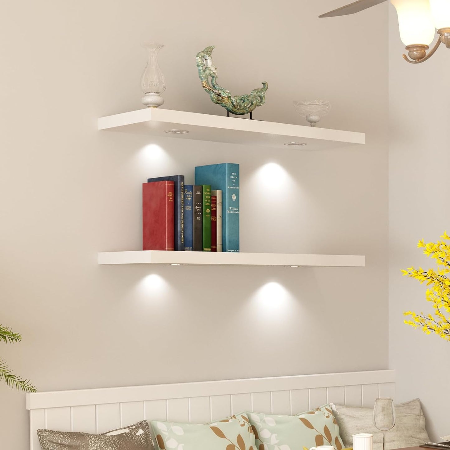 48-Inch White Floating Shelf with Touch-Sensing Battery-Powered LED Light