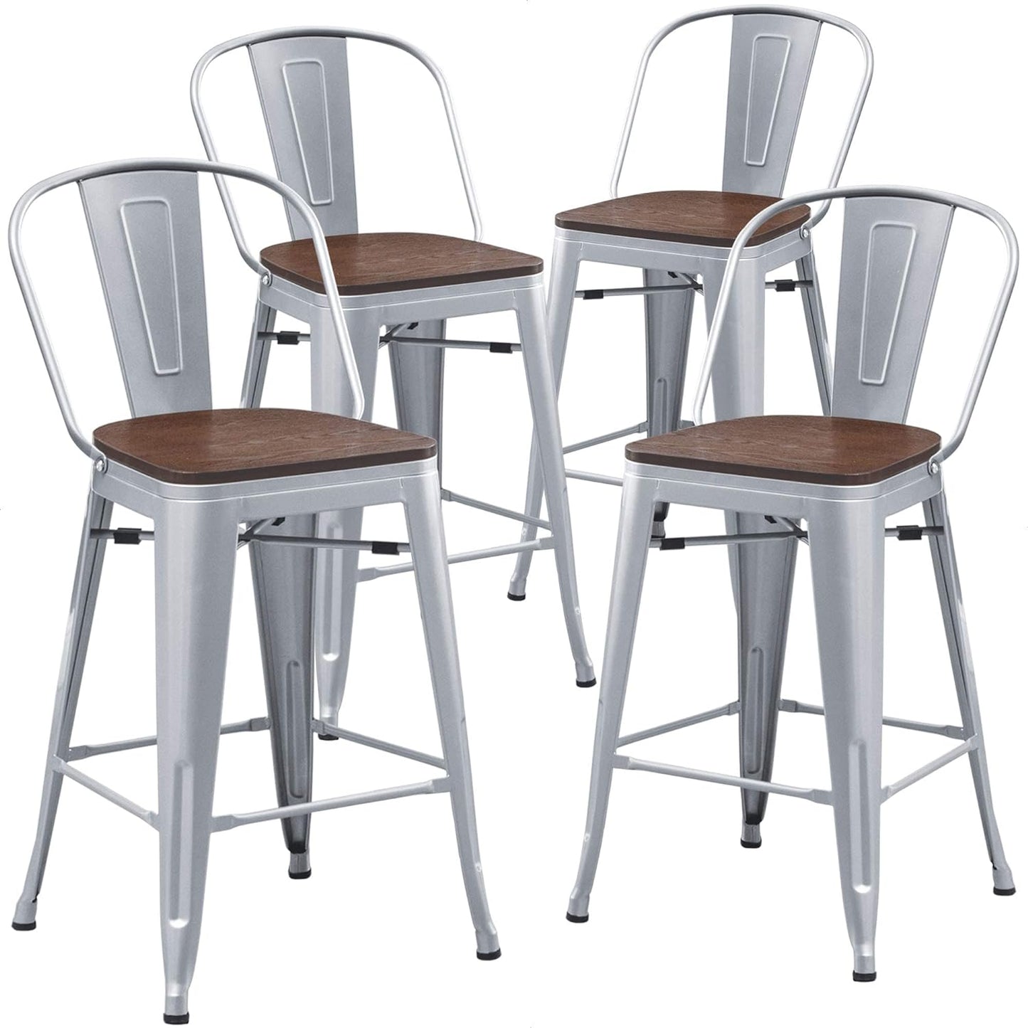 Set of 4 Metal Bar Stools, 24-Inch Counter Height with Backs, Farmhouse Design, Larger Seat High Back Kitchen Dining Chairs, Modern Silver Bar Chairs