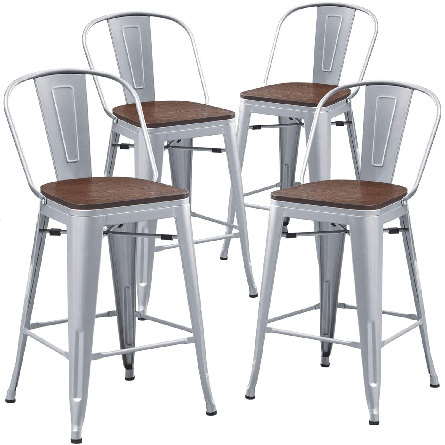 Set of 4 Metal Bar Stools, 24-Inch Counter Height with Backs, Farmhouse Design, Larger Seat High Back Kitchen Dining Chairs, Modern Silver Bar Chairs