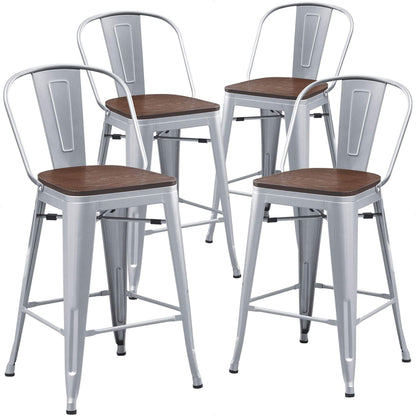 Set of 4 Metal Bar Stools, 24-Inch Counter Height with Backs, Farmhouse Design, Larger Seat High Back Kitchen Dining Chairs, Modern Silver Bar Chairs