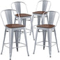 Set of 4 Metal Bar Stools, 24-Inch Counter Height with Backs, Farmhouse Design, Larger Seat High Back Kitchen Dining Chairs, Modern Silver Bar Chairs