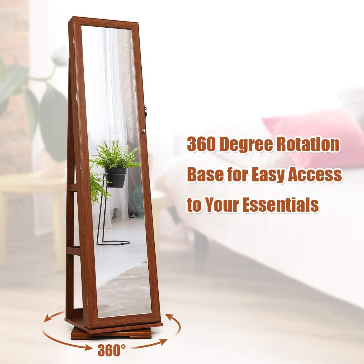 360° Swivel Jewelry Armoire with Full-Length Mirror, Lockable Jewelry Cabinet Organizer with Ample Storage, Integrated Makeup Mirror, and Rear Storage Shelves (Walnut Finish)