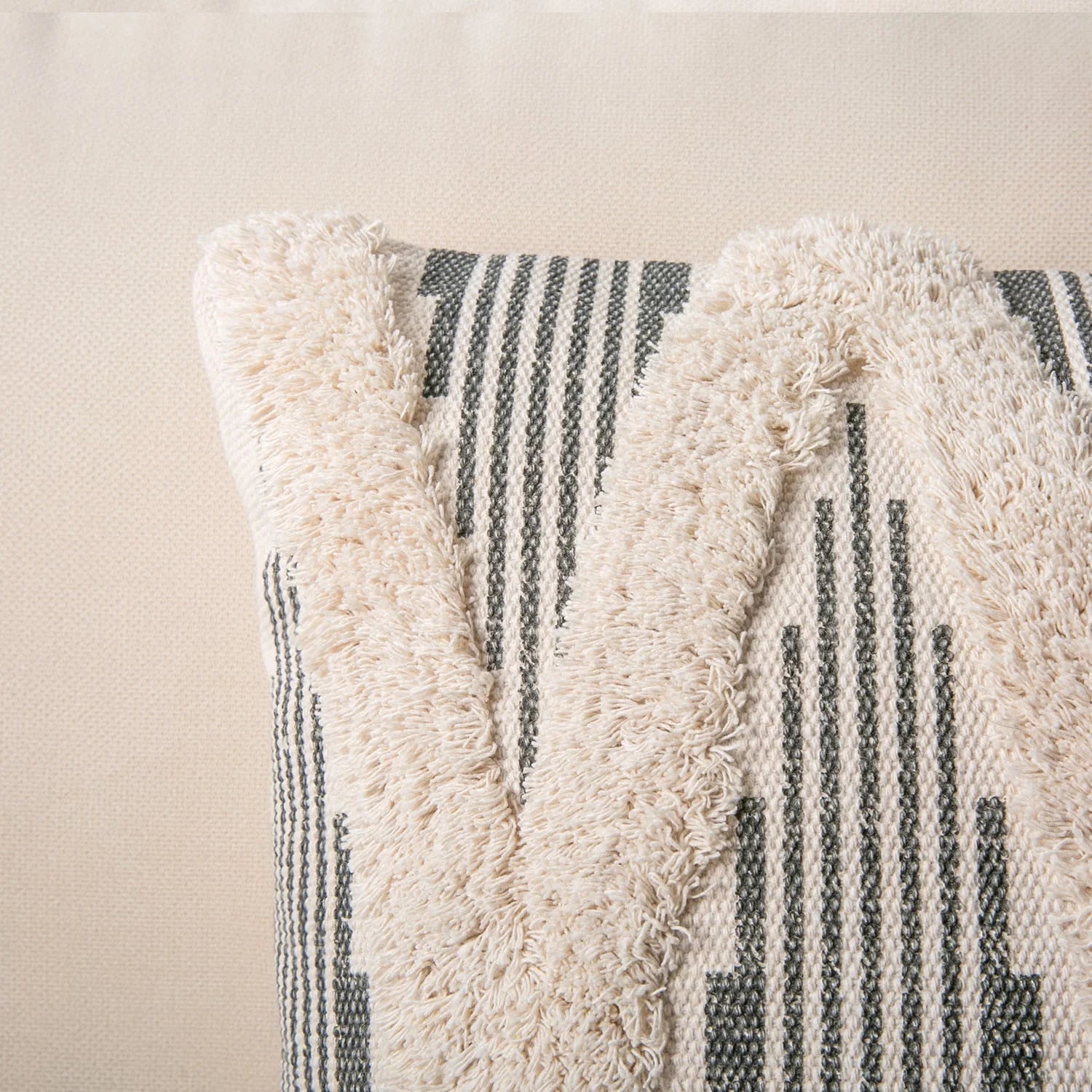 Bohemian Woven Cross Tufted Decorative Throw Pillow, 12" x 20", Gray and Beige, Single Pack