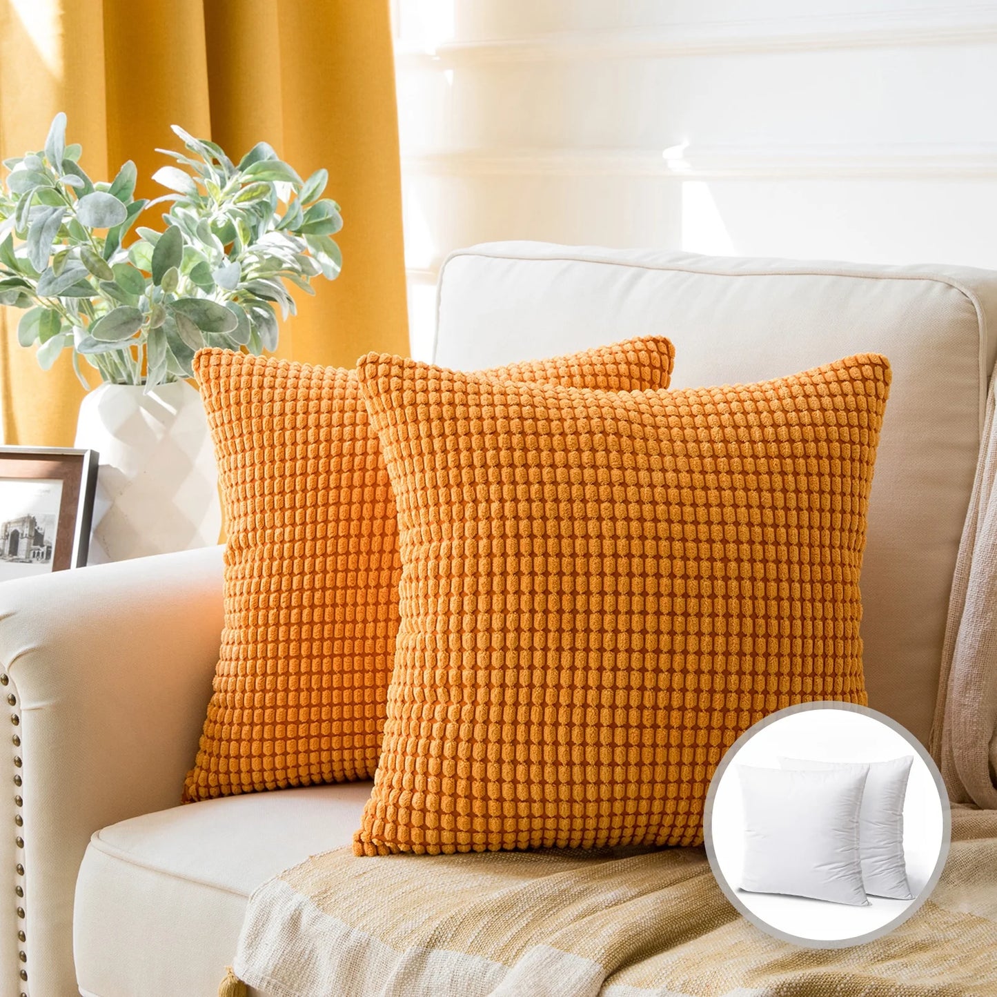 Soft Corduroy Corn Striped Velvet Decorative Throw Pillow Set, 20" x 20", Orange, Pack of 2