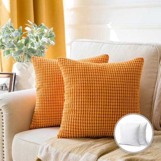 Soft Corduroy Corn Striped Velvet Decorative Throw Pillow Set, 20" x 20", Orange, Pack of 2
