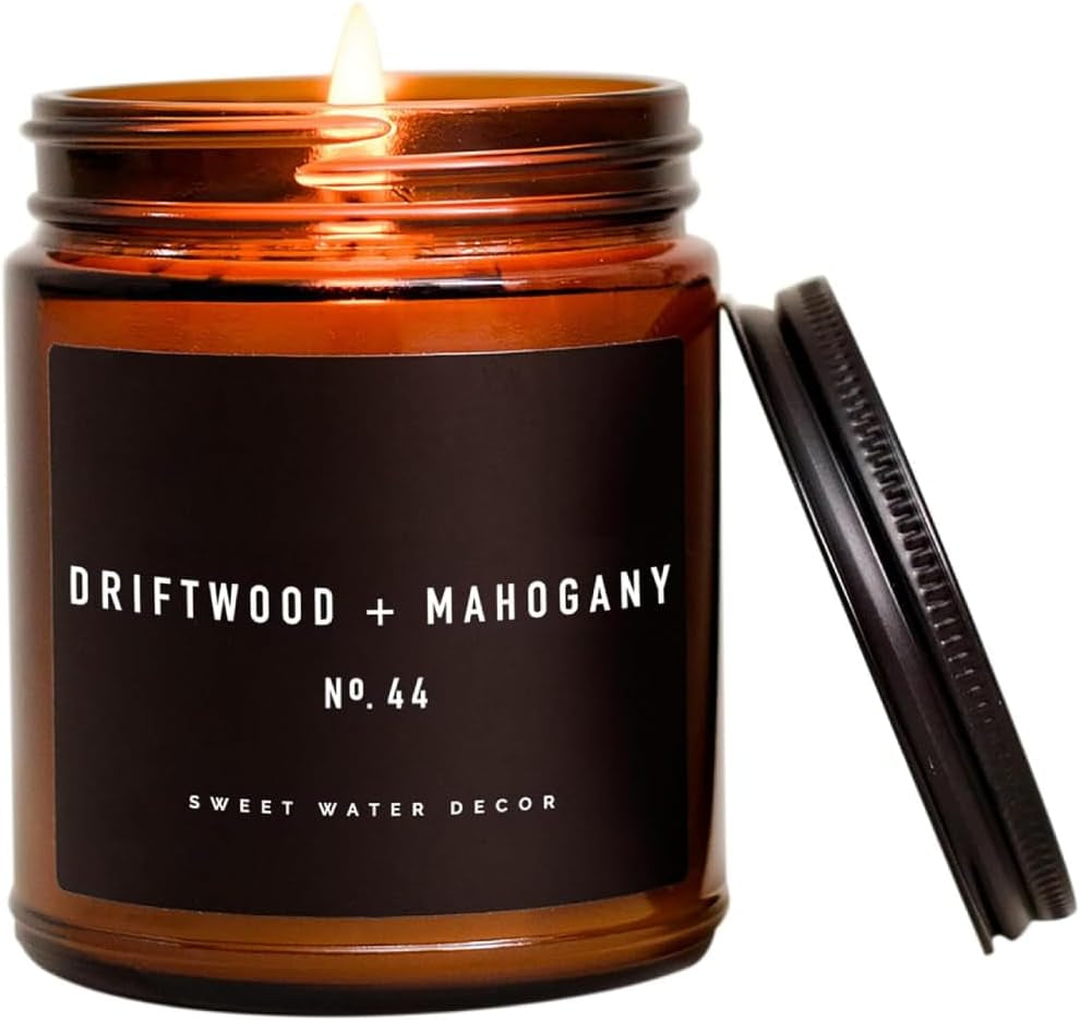 Driftwood and Mahogany Scented Candle - 9oz Amber Jar with Mahogany, Lavender, Wood, and Geranium Fragrance - 40 Hour Burn Time, Made in the USA