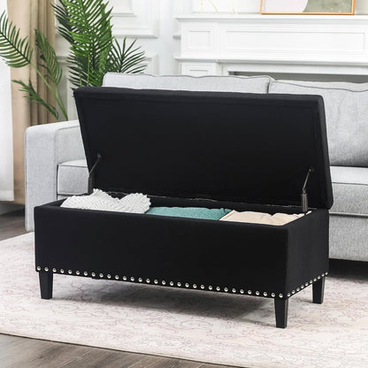 41-Inch Rectangular Tufted Storage Ottoman Bench in Black Cotton Linen for Bedroom or End of Bed Use
