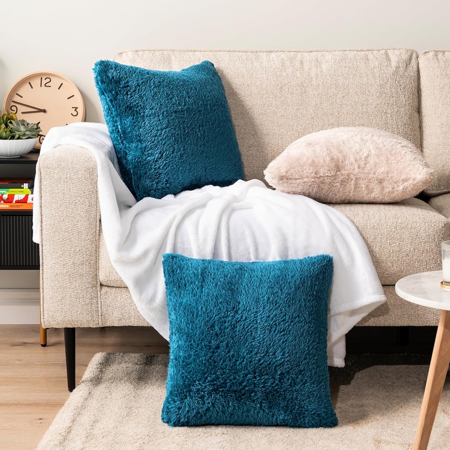 Teal Blue Fluffy Throw Pillow Covers - Set of 2 Soft Faux Fur Decorative Accent Pillow Cases for Bed, Sofa, and Couch, 18x18 Square Sherpa Cushion Covers for Home Decor