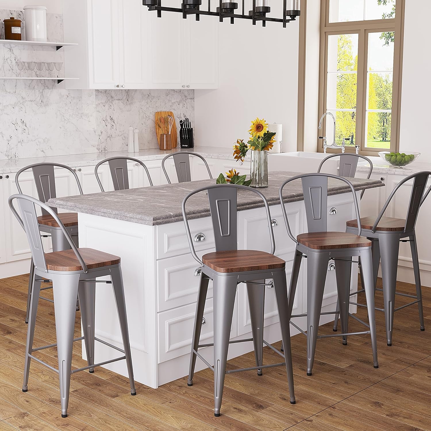 Set of 4 Metal Bar Stools, 24-Inch Counter Height with Backs, Farmhouse Design, Larger Seat High Back Kitchen Dining Chairs, Modern Silver Bar Chairs