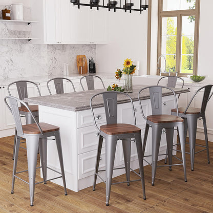 Set of 4 Metal Bar Stools, 24-Inch Counter Height with Backs, Farmhouse Design, Larger Seat High Back Kitchen Dining Chairs, Modern Silver Bar Chairs
