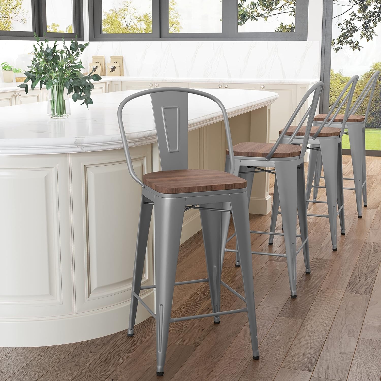 Set of 4 Metal Bar Stools, 24-Inch Counter Height with Backs, Farmhouse Design, Larger Seat High Back Kitchen Dining Chairs, Modern Silver Bar Chairs