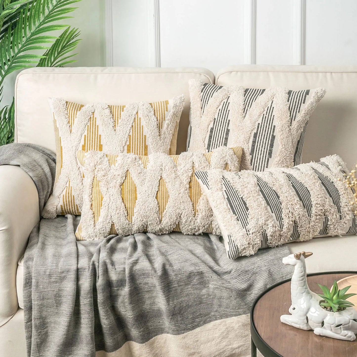 Bohemian Woven Cross Tufted Decorative Throw Pillow, 12" x 20", Gray and Beige, Single Pack