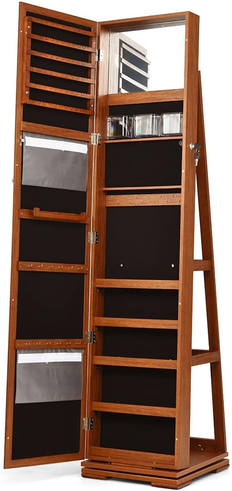 360° Swivel Jewelry Armoire with Full-Length Mirror, Lockable Jewelry Cabinet Organizer with Ample Storage, Integrated Makeup Mirror, and Rear Storage Shelves (Walnut Finish)