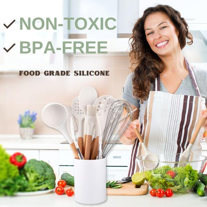 White Silicone Cooking Utensils Set - 11 Pcs Nonstick Kitchen Utensils Set with Holder - Heat-Resistant, BPA Free Spatula Set with Heat Resistant Wood Handles for Nonstick Cookware