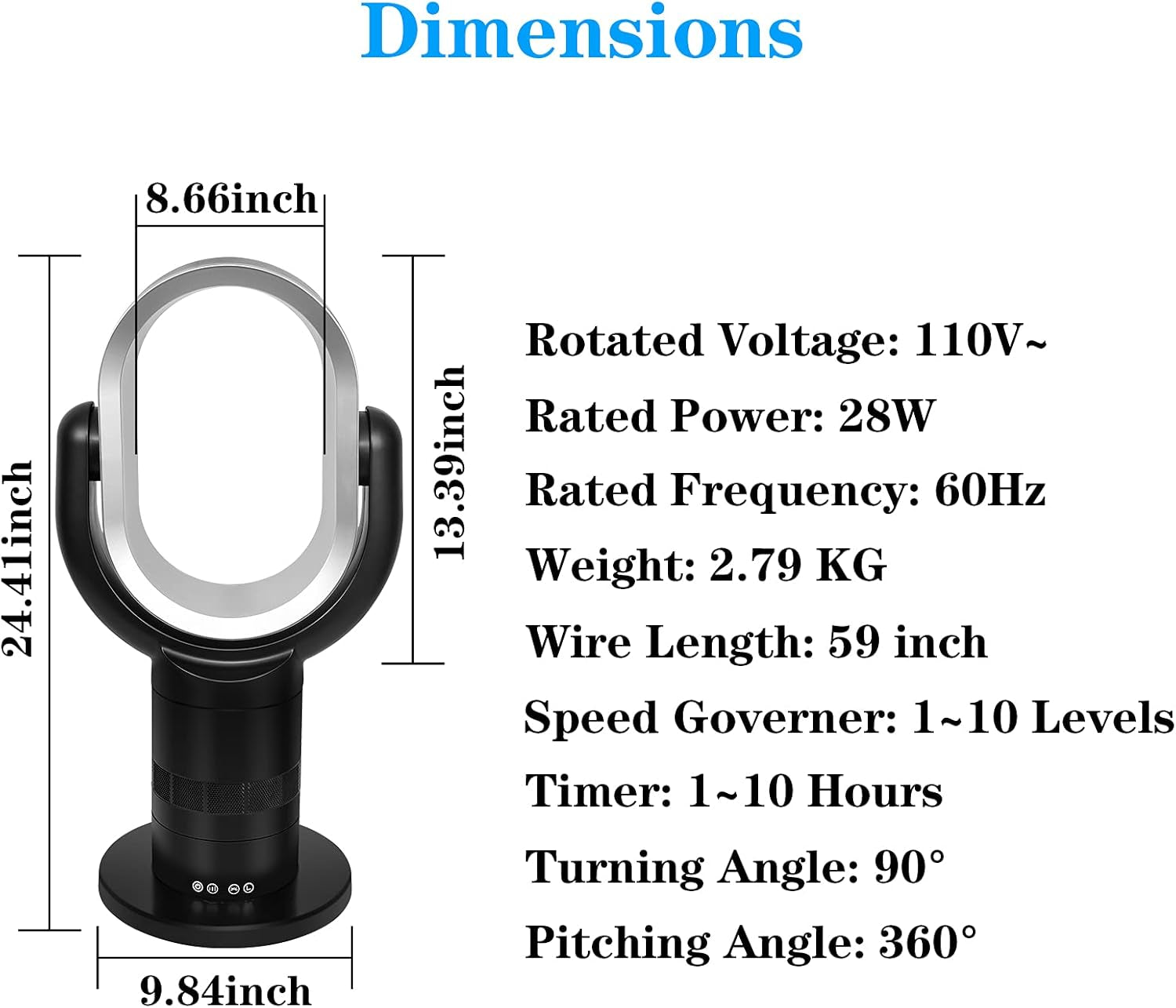 Medium Portable Bladeless Fan - 10 Speeds, 10-Hour Timer, Stylish & Modern, Low Noise, Lightweight, 24 Inches, Black