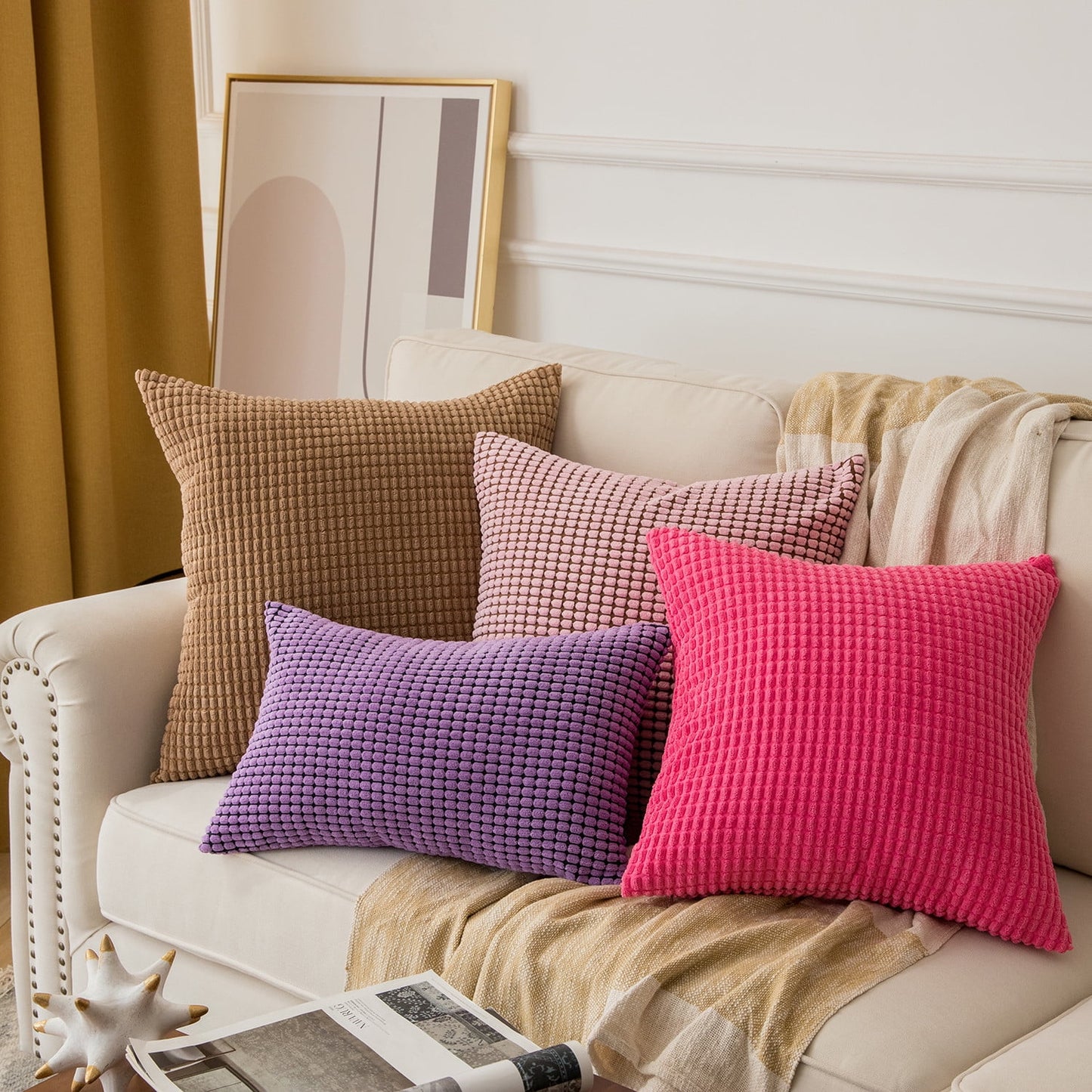 Soft Corduroy Corn Striped Velvet Decorative Throw Pillow Set, 20" x 20", Orange, Pack of 2