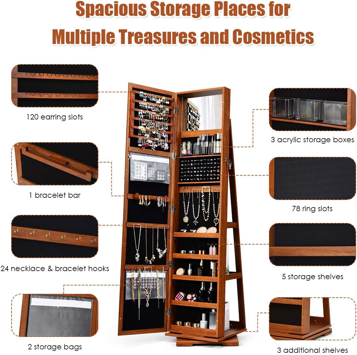 360° Swivel Jewelry Armoire with Full-Length Mirror, Lockable Jewelry Cabinet Organizer with Ample Storage, Integrated Makeup Mirror, and Rear Storage Shelves (Walnut Finish)