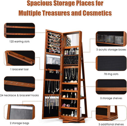 360° Swivel Jewelry Armoire with Full-Length Mirror, Lockable Jewelry Cabinet Organizer with Ample Storage, Integrated Makeup Mirror, and Rear Storage Shelves (Walnut Finish)