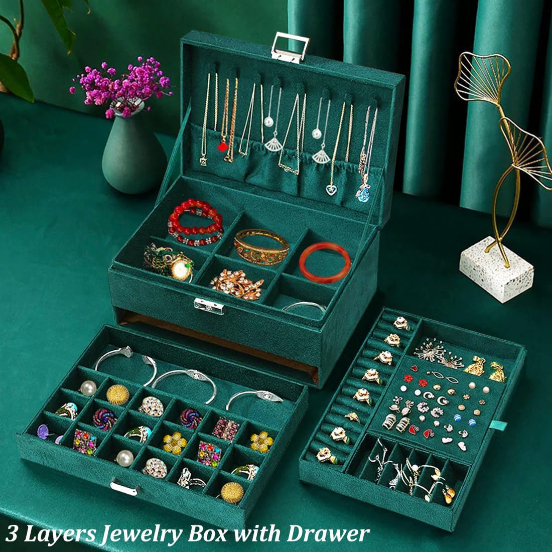 Green Velvet Jewelry Organizer Box 