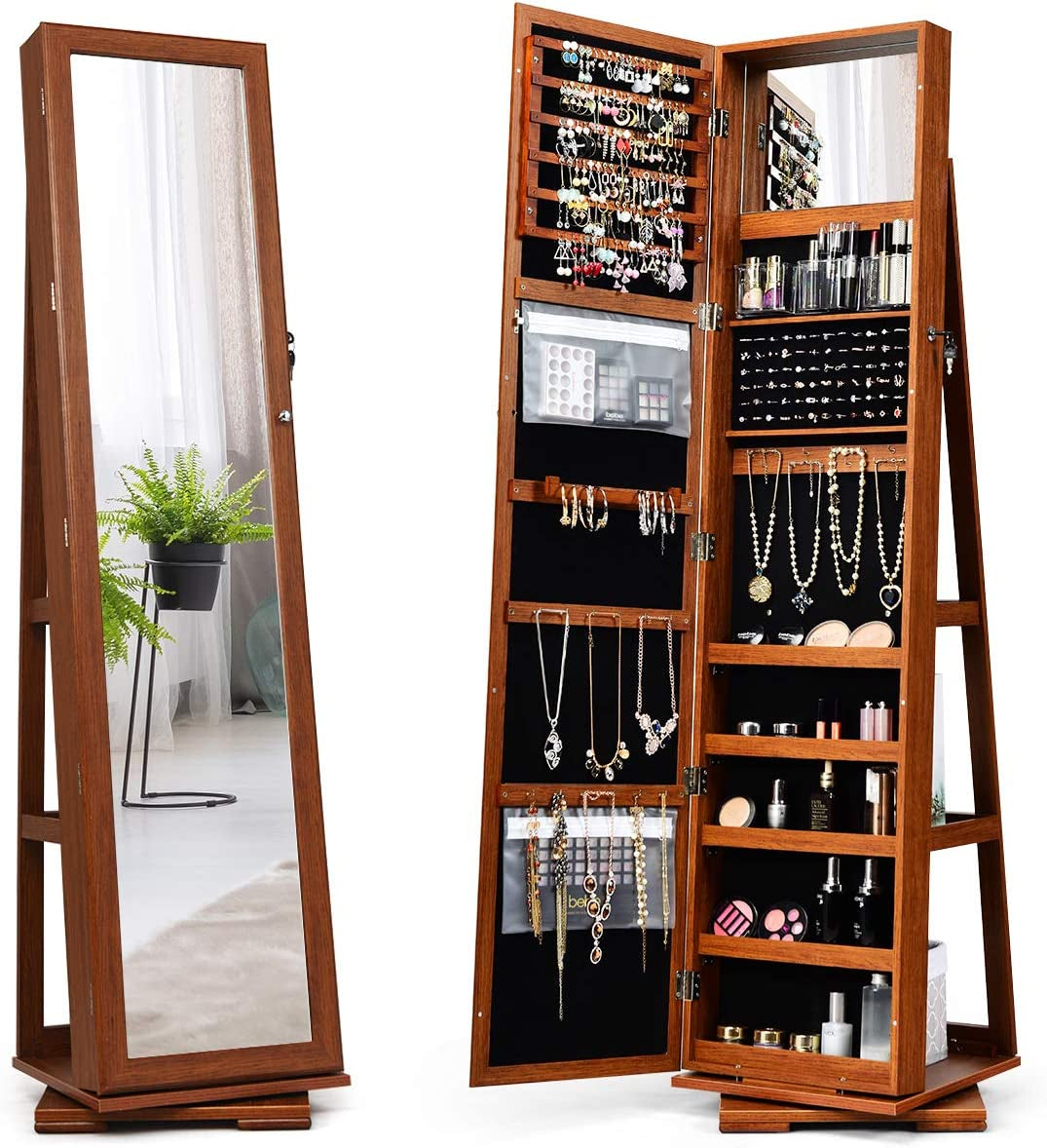 360° Swivel Jewelry Armoire with Full-Length Mirror, Lockable Jewelry Cabinet Organizer with Ample Storage, Integrated Makeup Mirror, and Rear Storage Shelves (Walnut Finish)