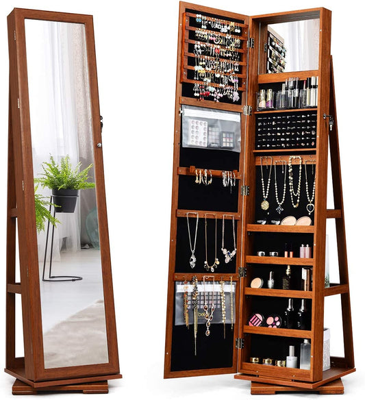 360° Swivel Jewelry Armoire with Full-Length Mirror, Lockable Jewelry Cabinet Organizer with Ample Storage, Integrated Makeup Mirror, and Rear Storage Shelves (Walnut Finish)
