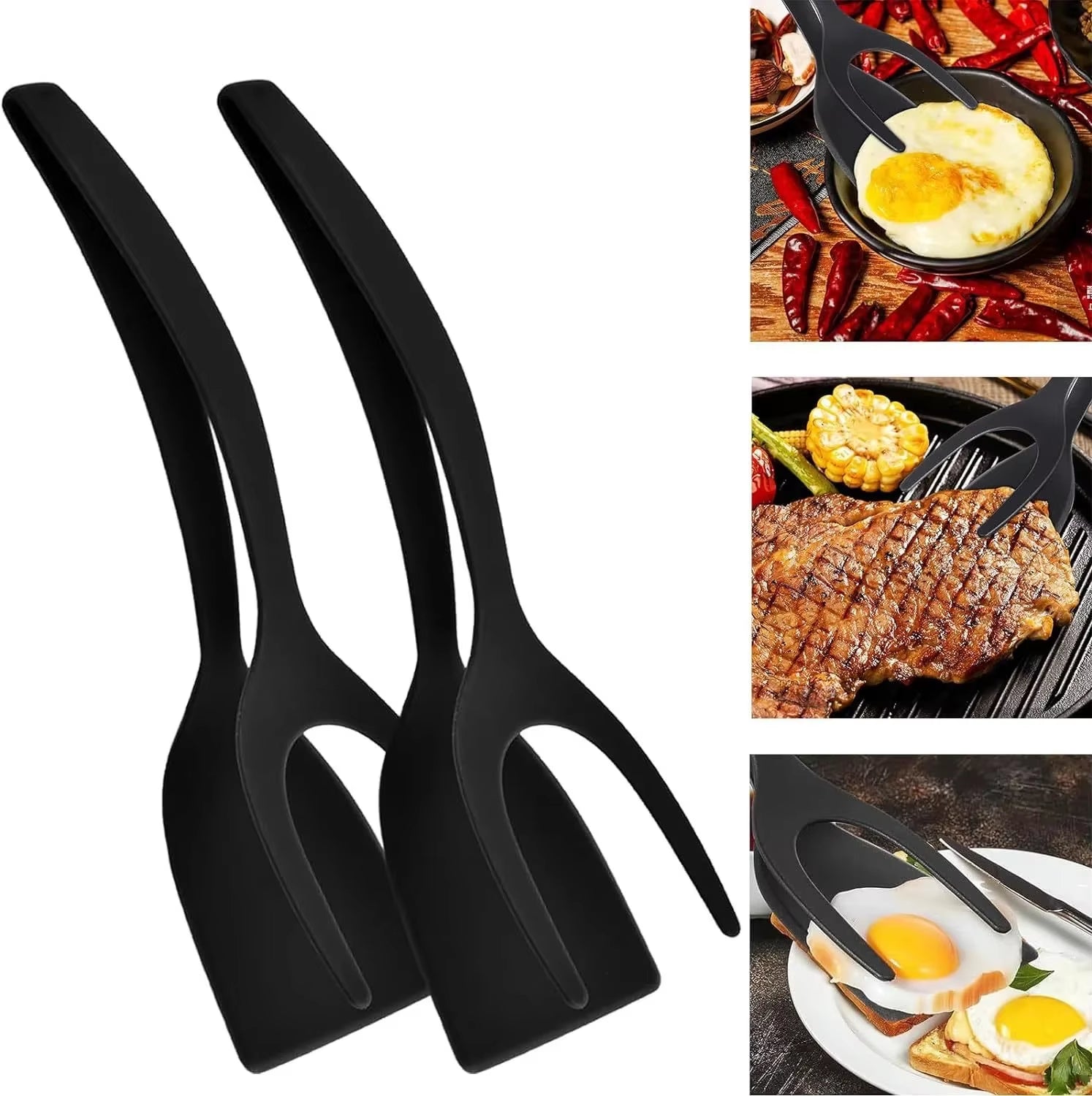 2 in 1 Nylon Grip Flip Tongs Egg Spatula Tongs Steak Spatula Tongs Clamp Pancake Fried Turners Kitchen Accessories