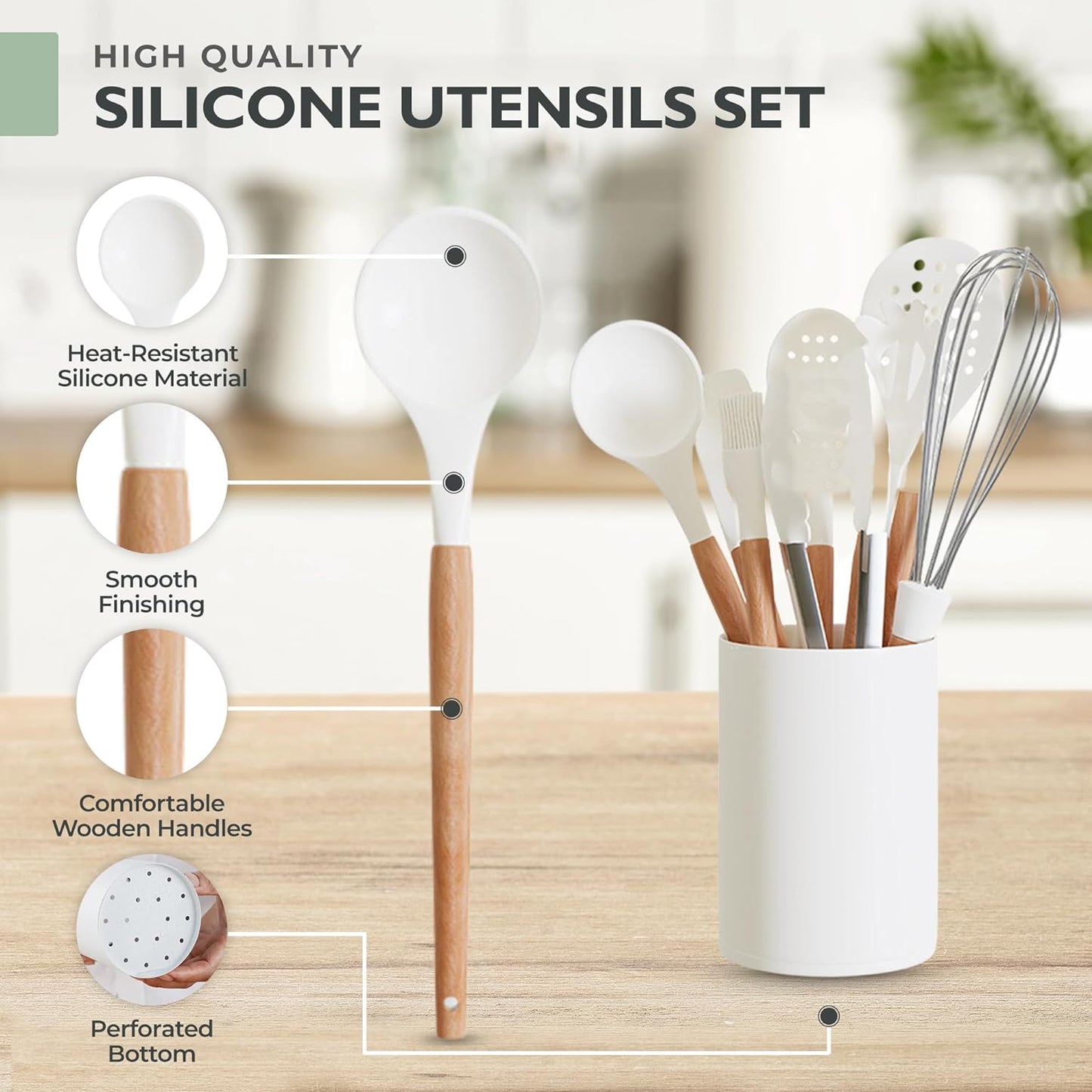 White Silicone Cooking Utensils Set - 11 Pcs Nonstick Kitchen Utensils Set with Holder - Heat-Resistant, BPA Free Spatula Set with Heat Resistant Wood Handles for Nonstick Cookware