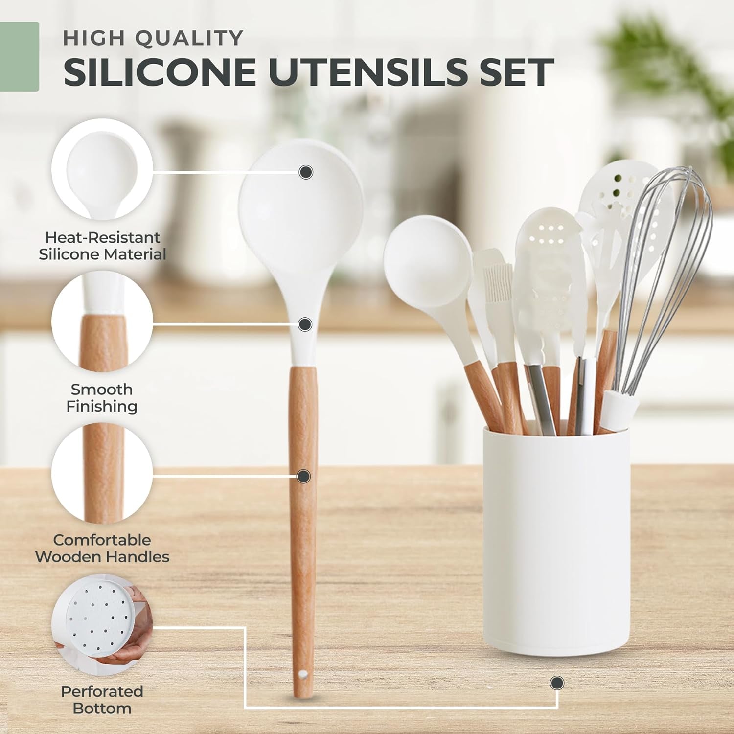White Silicone Cooking Utensils Set - 11 Pcs Nonstick Kitchen Utensils Set with Holder - Heat-Resistant, BPA Free Spatula Set with Heat Resistant Wood Handles for Nonstick Cookware