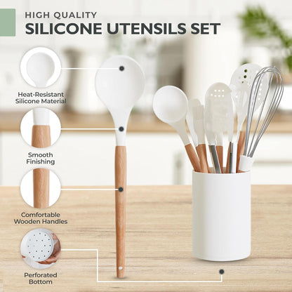 White Silicone Cooking Utensils Set - 11 Pcs Nonstick Kitchen Utensils Set with Holder - Heat-Resistant, BPA Free Spatula Set with Heat Resistant Wood Handles for Nonstick Cookware