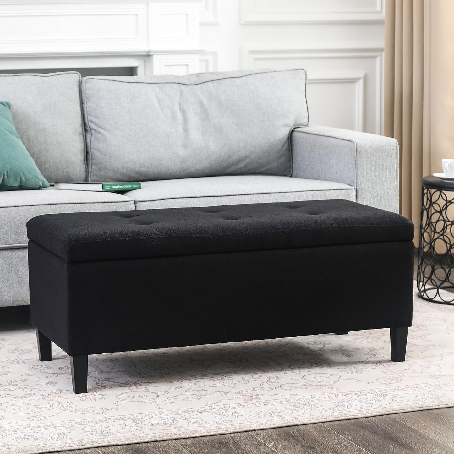 41-Inch Rectangular Tufted Storage Ottoman Bench in Black Cotton Linen for Bedroom or End of Bed Use
