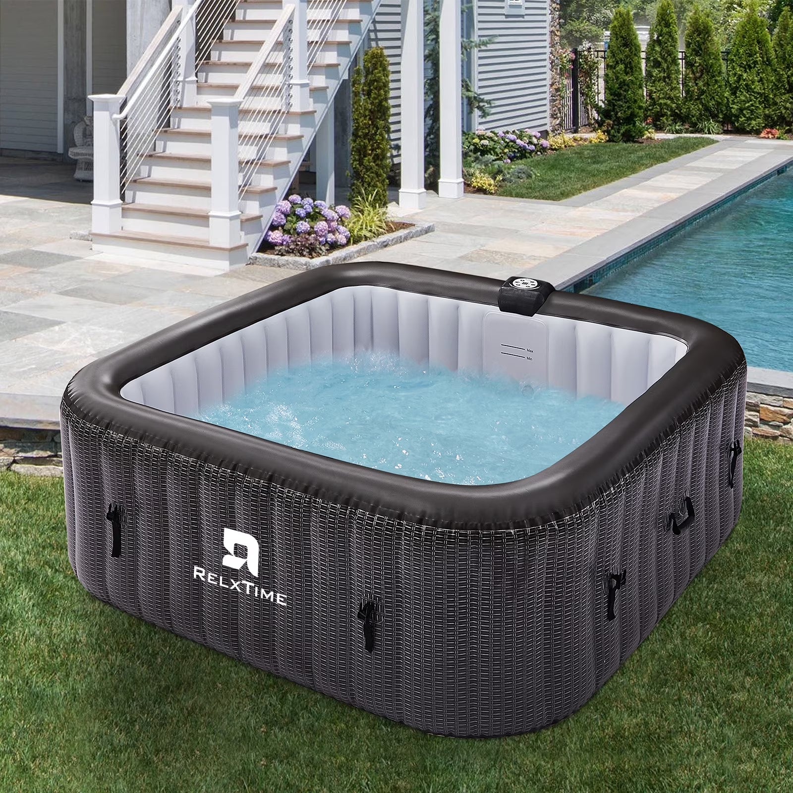 73" Inflatable Square Hot Tub with Built-in Heater Pump and 130 Massage Jets, Black