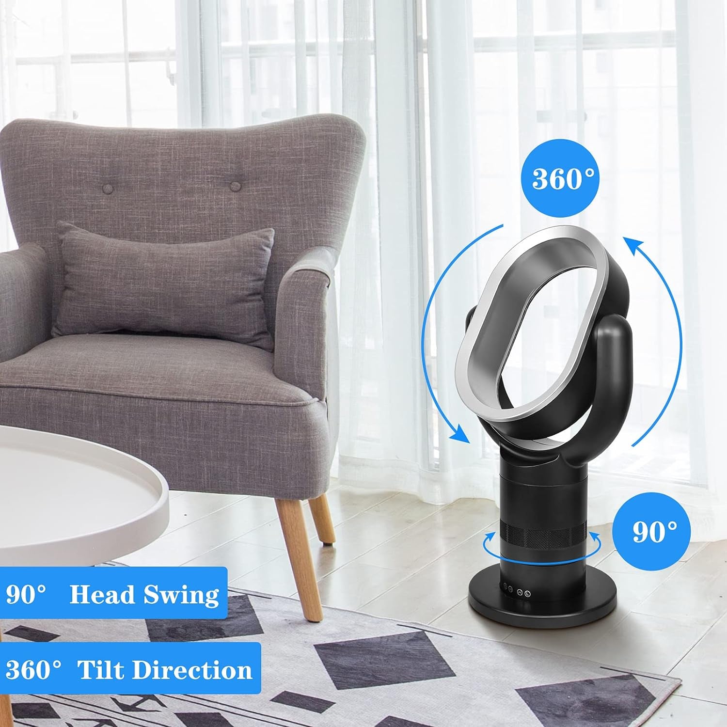 Medium Portable Bladeless Fan - 10 Speeds, 10-Hour Timer, Stylish & Modern, Low Noise, Lightweight, 24 Inches, Black