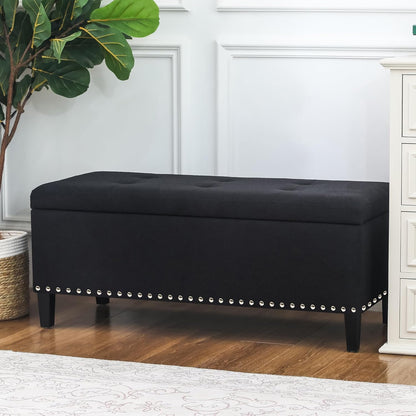 41-Inch Rectangular Tufted Storage Ottoman Bench in Black Cotton Linen for Bedroom or End of Bed Use