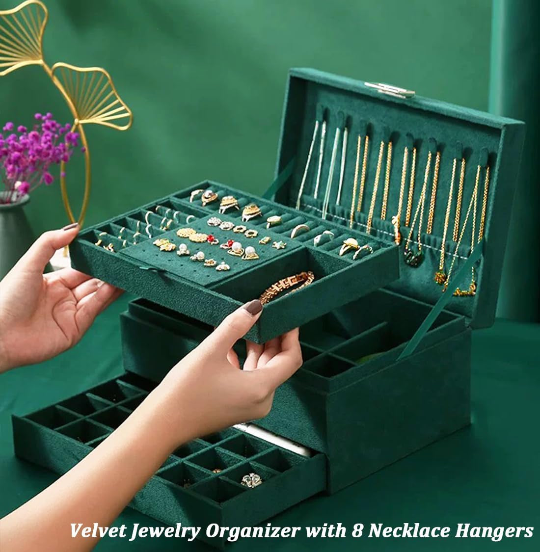 Green Velvet Jewelry Organizer Box 